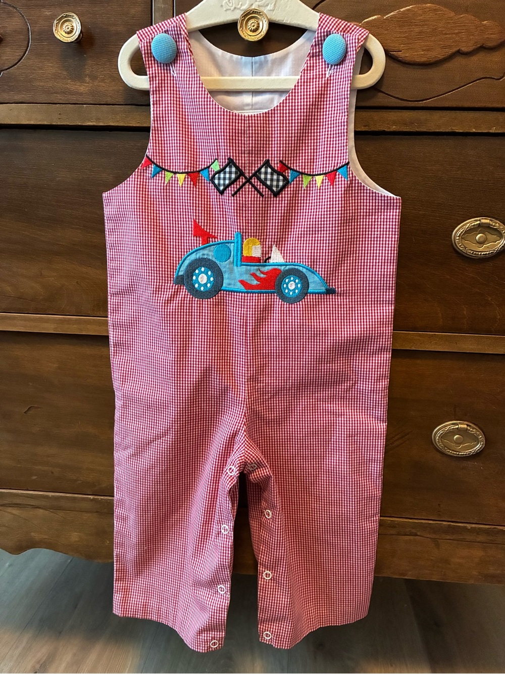 Red Gingham Baby Romper with Blue Race Car Applique